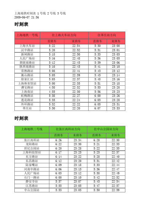 上海地铁时刻表 1号线 2号线 3号线 4号线