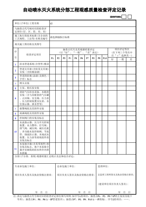 1自动喷水灭火系统分部工程观感质量检查评定记录 GD3070301