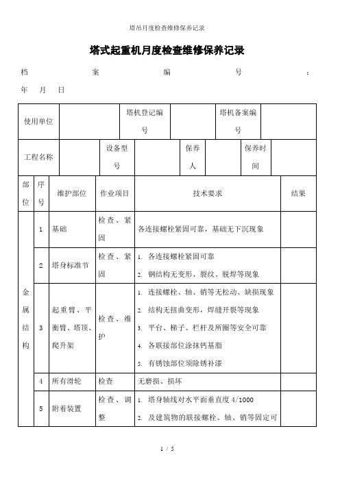 塔吊月度检查维修保养记录