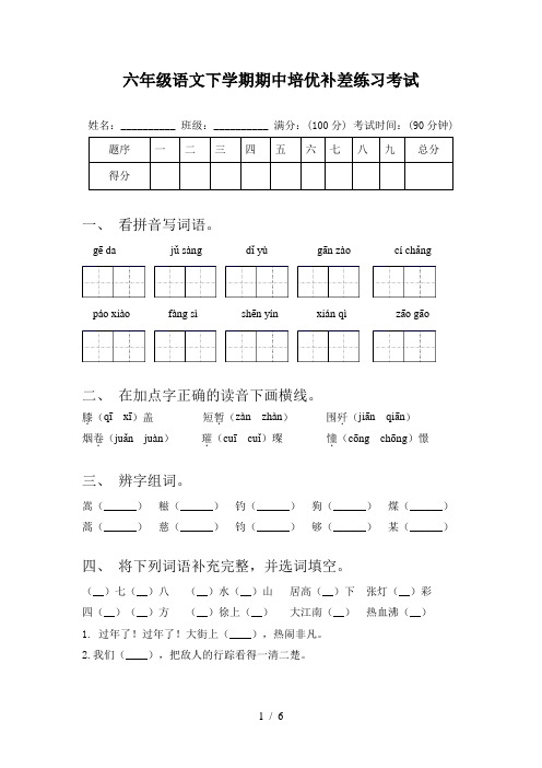 六年级语文下学期期中培优补差练习考试