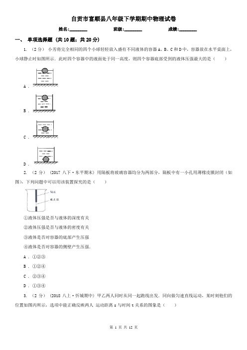 自贡市富顺县八年级下学期期中物理试卷