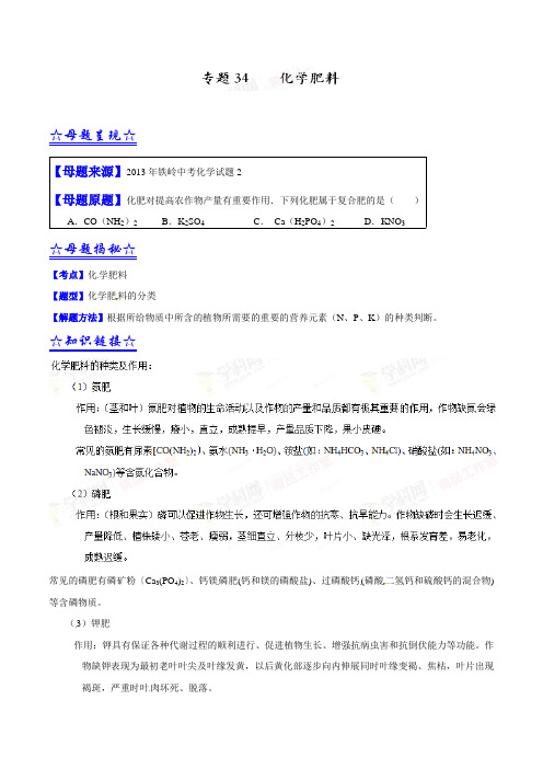 中考化学各省真题专题考点汇编34 化学肥料(原卷版)