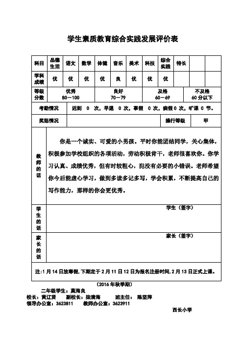 学生素质教育综合发展评价表