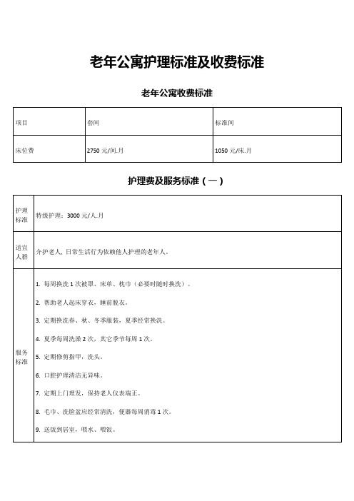 老年公寓护理标准及收费标准