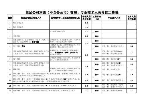 集团公司本级(不含分公司)管理、专业技术人员岗位工资表