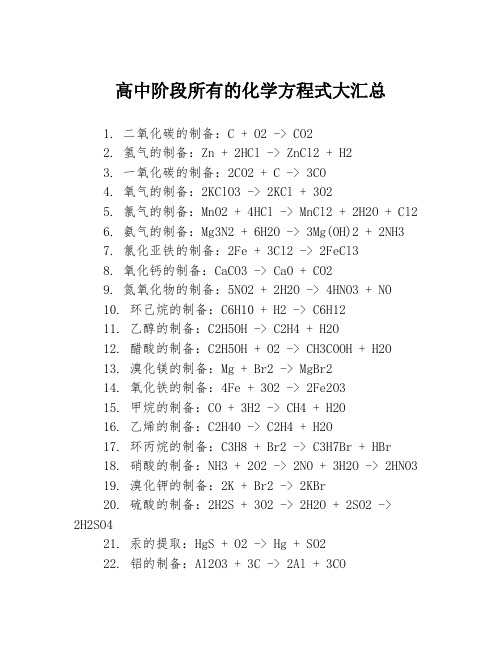 高中阶段所有的化学方程式大汇总