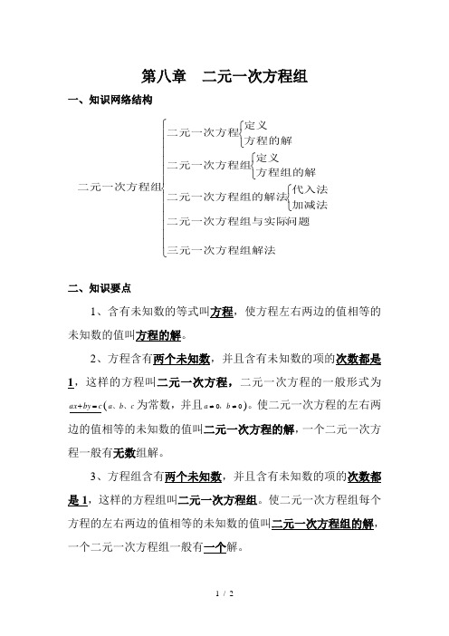 人教版七年级数学下册知识点总结(第八章-二元一次方程组)