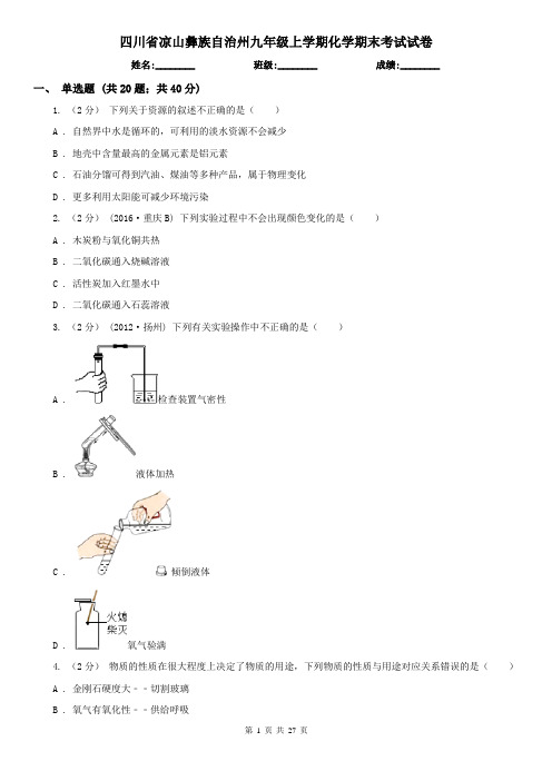 四川省凉山彝族自治州九年级上学期化学期末考试试卷