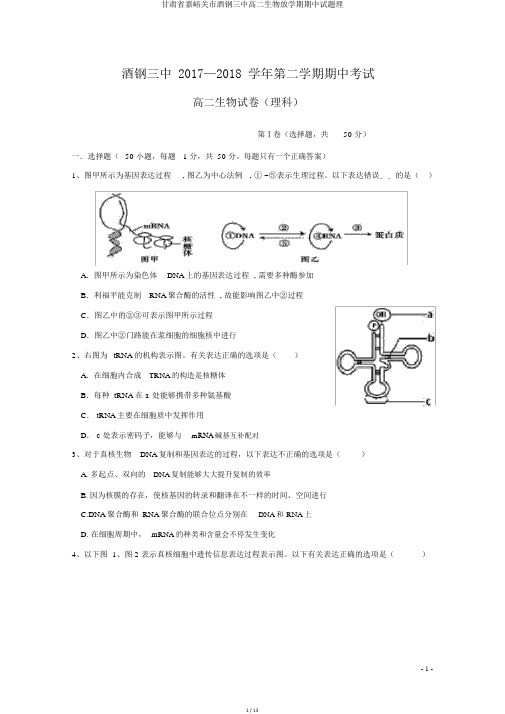 甘肃省嘉峪关市酒钢三中高二生物下学期期中试题理