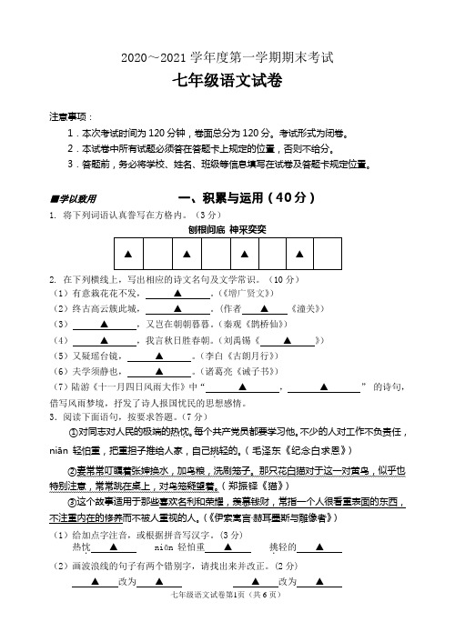 2020~2021学年上学期期末考试试卷七年级语文