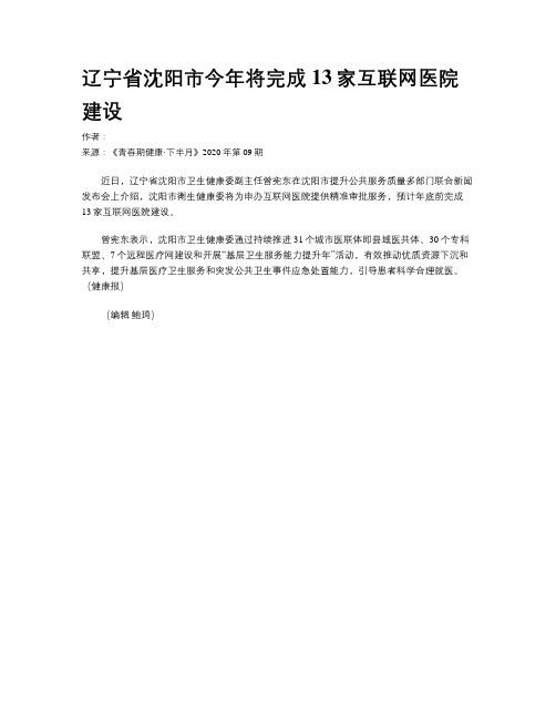 辽宁省沈阳市今年将完成13家互联网医院建设