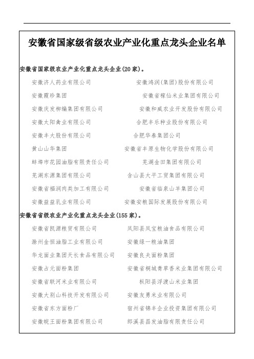 安徽省国家级省级农业产业化重点龙头企业名单