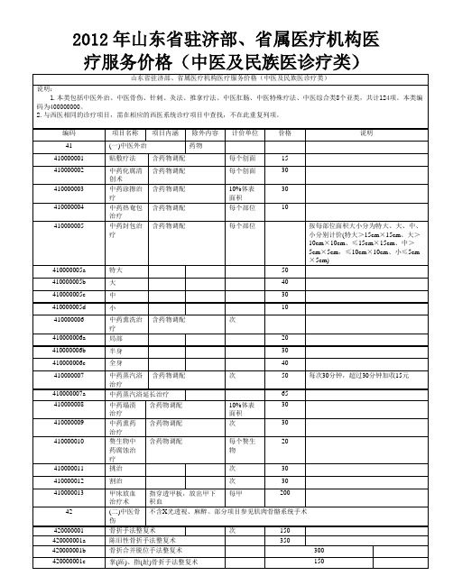 山东驻济部属医疗机构医疗服务价格中医及民族医诊疗类