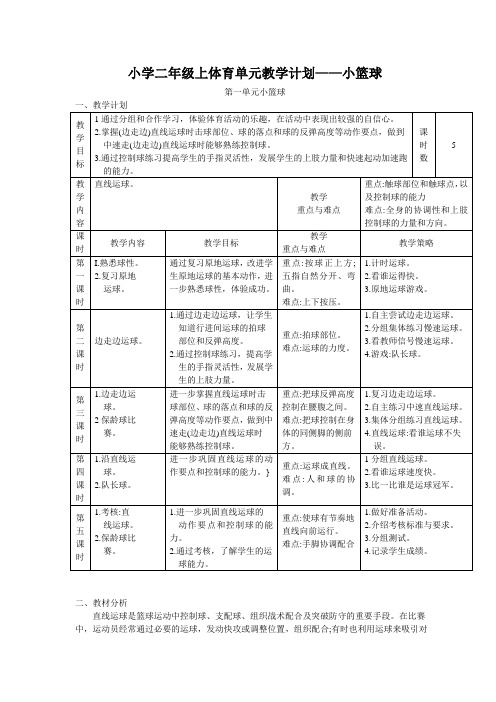 小学二年级上体育单元教学计划——小篮球