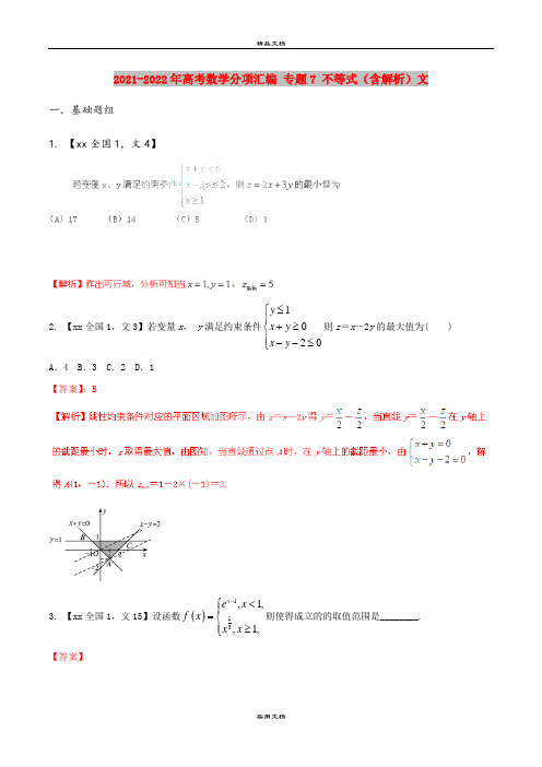 2021-2022年高考数学分项汇编 专题7 不等式(含解析)文