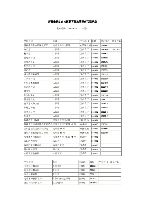 新疆维吾尔自治区教育行政管理部门通讯录