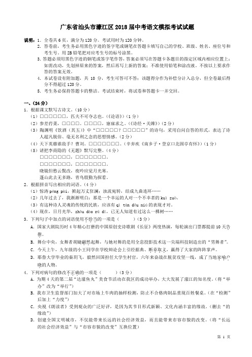 广东省汕头市濠江区2019届中考语文模拟考试试题(附答案)