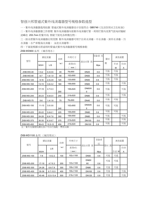 管道式紫外线消毒器型号规格参数表