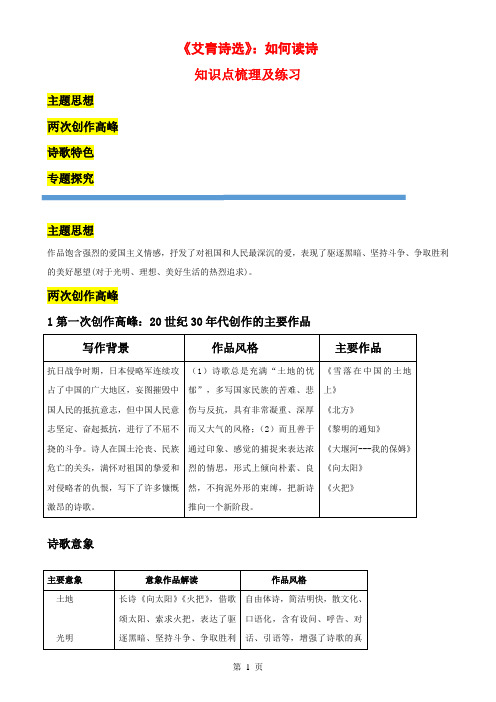 《艾青诗选》知识点梳理与练习(解析版)