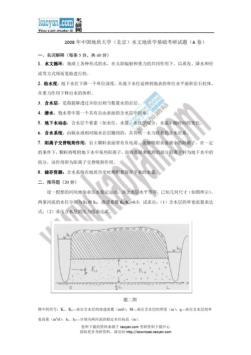 2008年中国地质大学(北京)水文地质学考研试题A