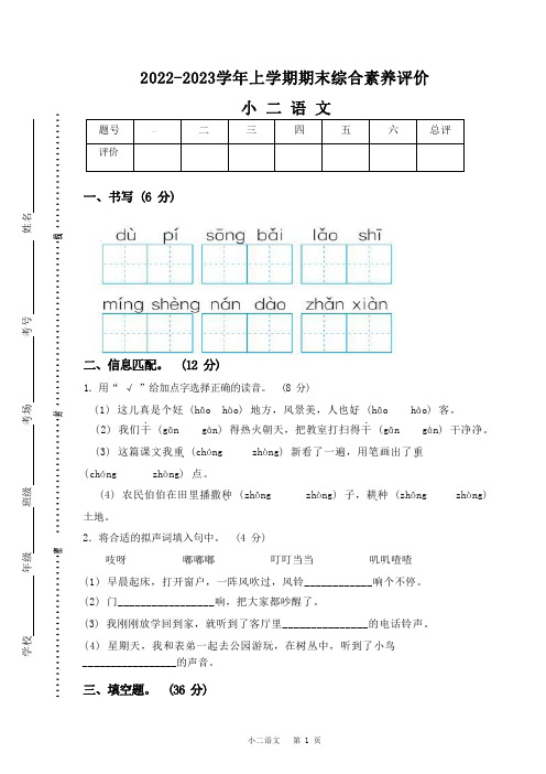 河南省平顶山市汝州市实验小学2022-2023学年二年级上学期1月期末语文试题