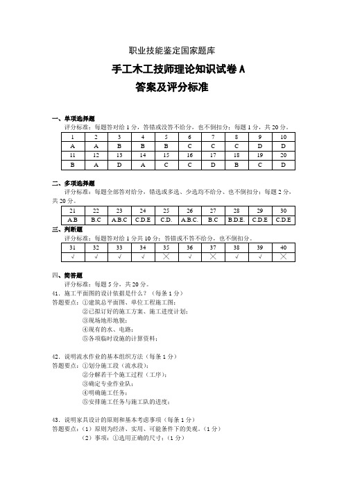 手工木工技师理论知识试卷A答案