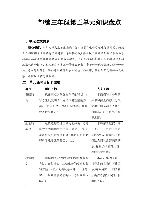 新部编版小学三年级上册语文第五单元知识盘点(含字词、佳句、感知、考点)(有答案)