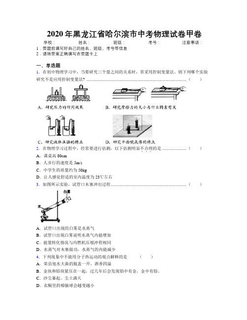 2020年黑龙江省哈尔滨市中考物理试卷甲卷附解析