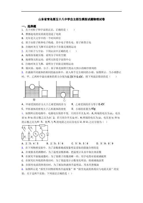 山东省青岛第五十八中学自主招生模拟试题物理试卷