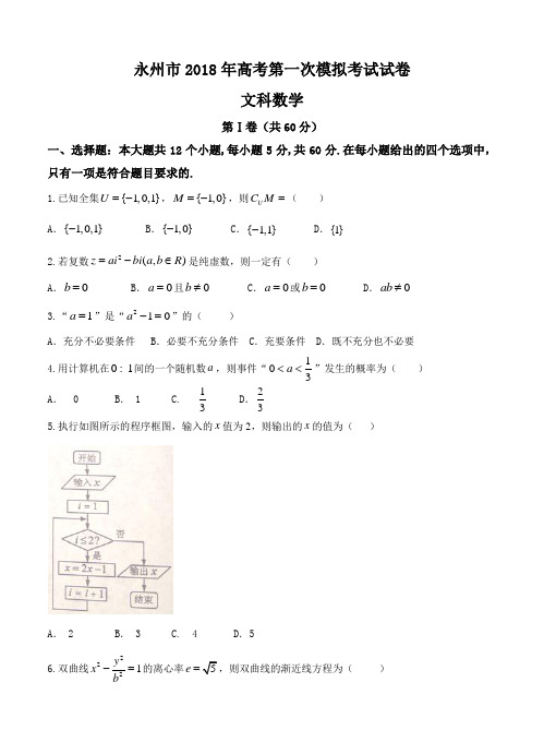 湖南省永州市2018届高三上学期第一次模拟考试数学(文)试卷(含答案)