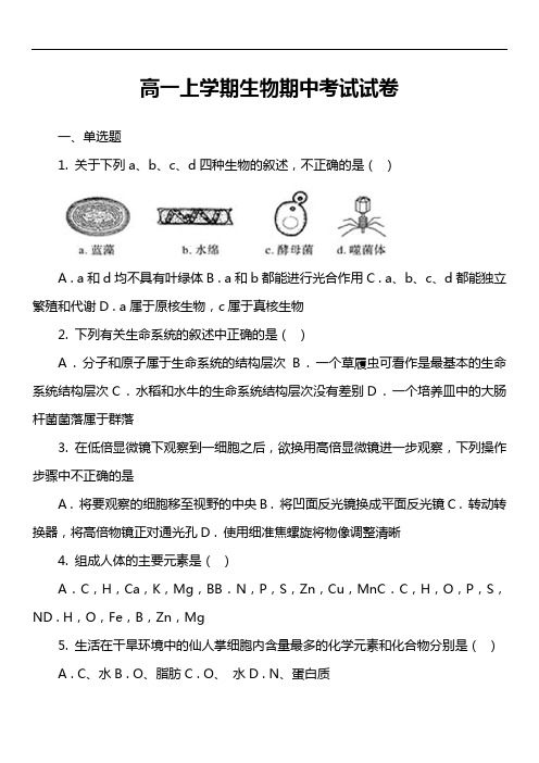 高一上学期生物期中考试试卷第4套真题