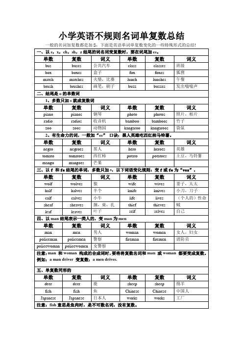 小学英语不规则名词单复数总结