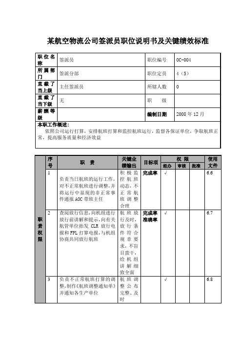 某航空物流公司签派员职位说明书及关键绩效标准