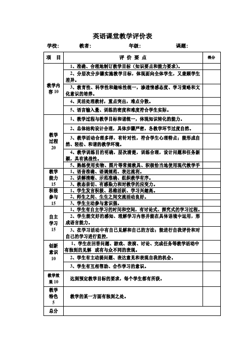 英语课堂教学评价表