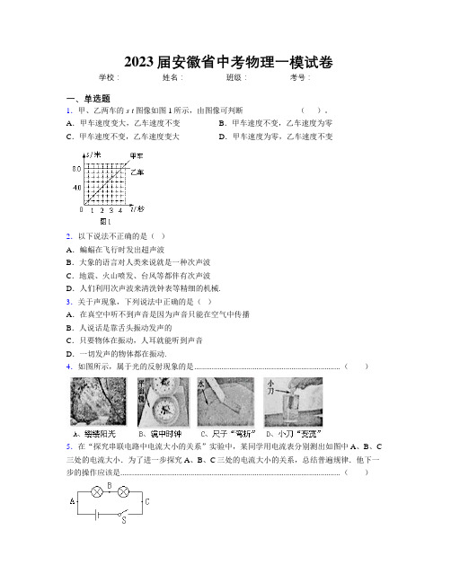 最新2023届安徽省中考物理一模试卷及解析