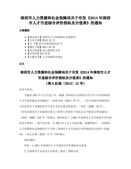 深圳市人力资源和社会保障局关于印发《2014年深圳市人才引进综合评价指标及分值表》的通知