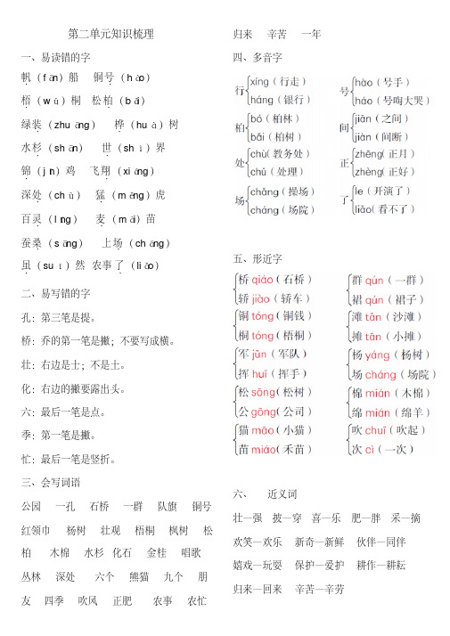 部编新人教版二年级语文上册第二单元知识梳理