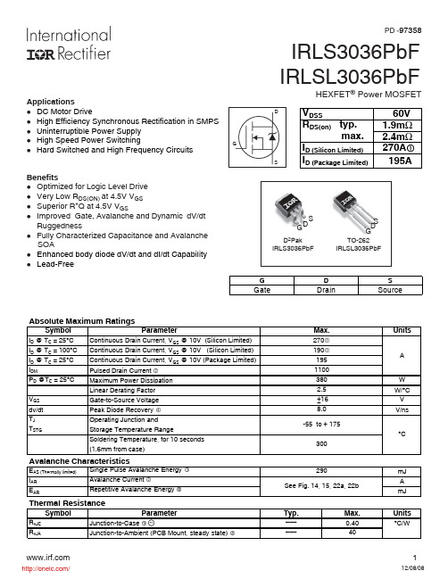 IRLS3036TRLPBF;IRLSL3036PBF;IRLS3036TRRPBF;IRLS3036PBF;中文规格书,Datasheet资料