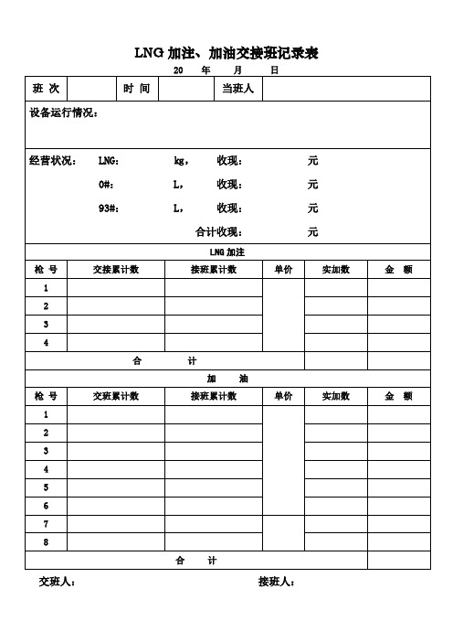 LNG加注加油站交接班记录表(纵向表格2)