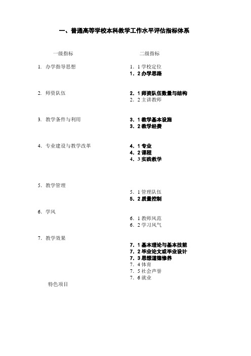 普通高等学校本科教学工作水平评估指标体系