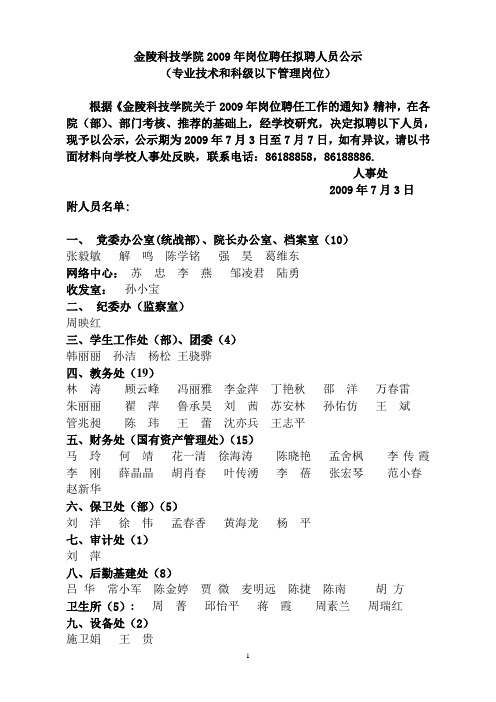 金陵科技学院2009年岗位聘任拟聘人员公示