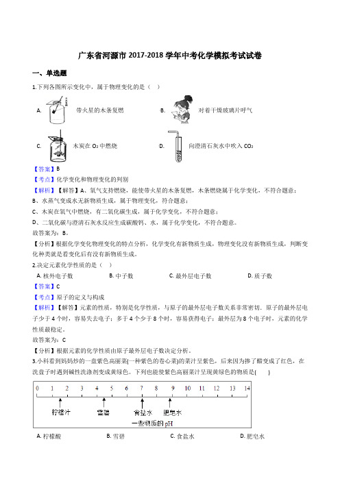 2018年广东省河源市中考化学模拟考试试卷(解析版)