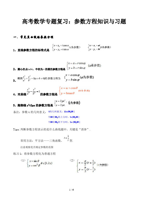 高考数学专题复习：参数方程知识与习题精选