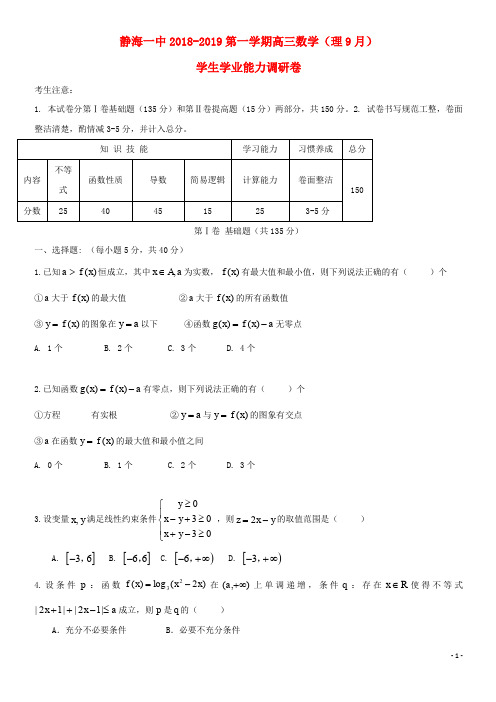 (经典1)高三数学9月学生学业能力调研试题 理(无答案)