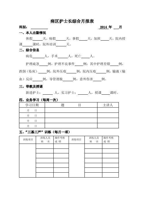 病区护士长综合月报表