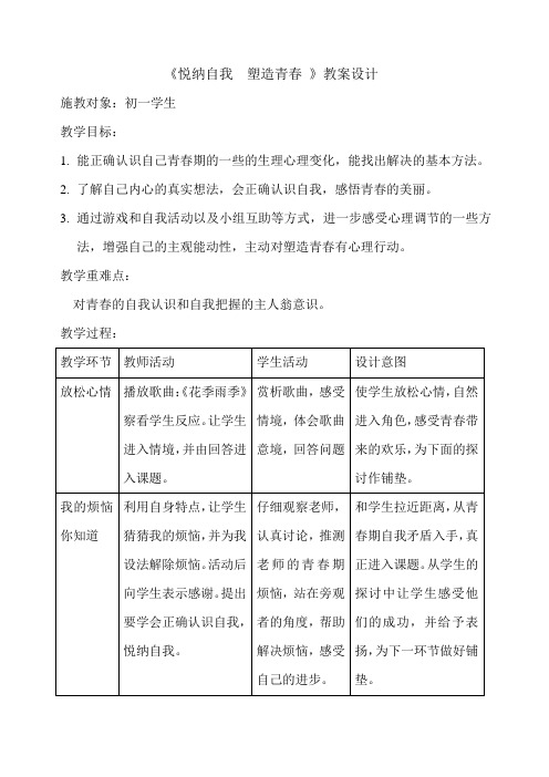 通用版七年级心理健康 悦纳自我  塑造青春 教案