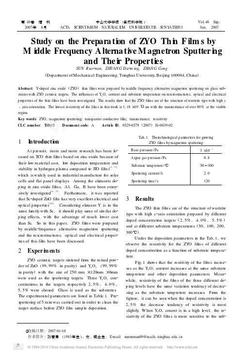 中频磁控溅射法制备氧化锌钇薄膜及其性能研究_英文_