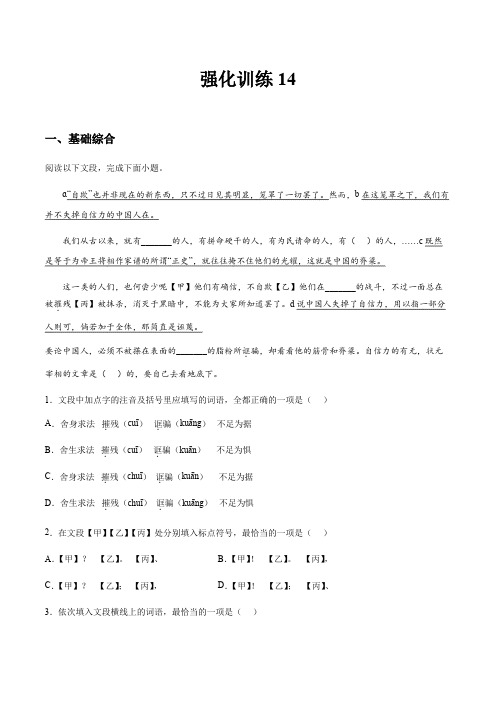 强化训练14(教师版)新九年级语文暑假衔接讲义