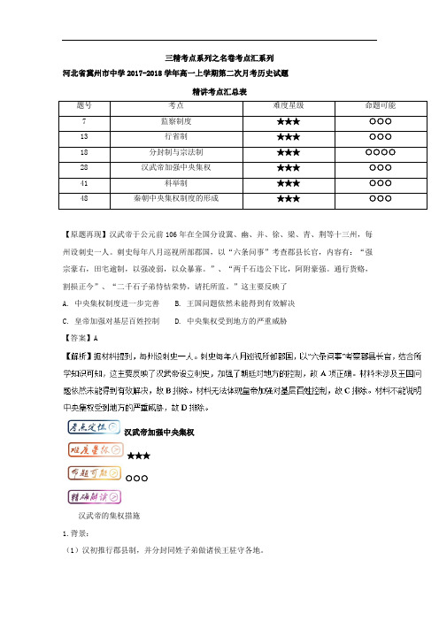 三精考点之高中历史必修1考点汇系列：考点2-4 汉武帝加强中央集权 含解析 精品