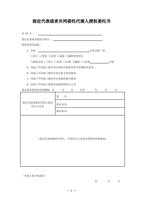 指定代表人或者共同委托代理人授权委托书